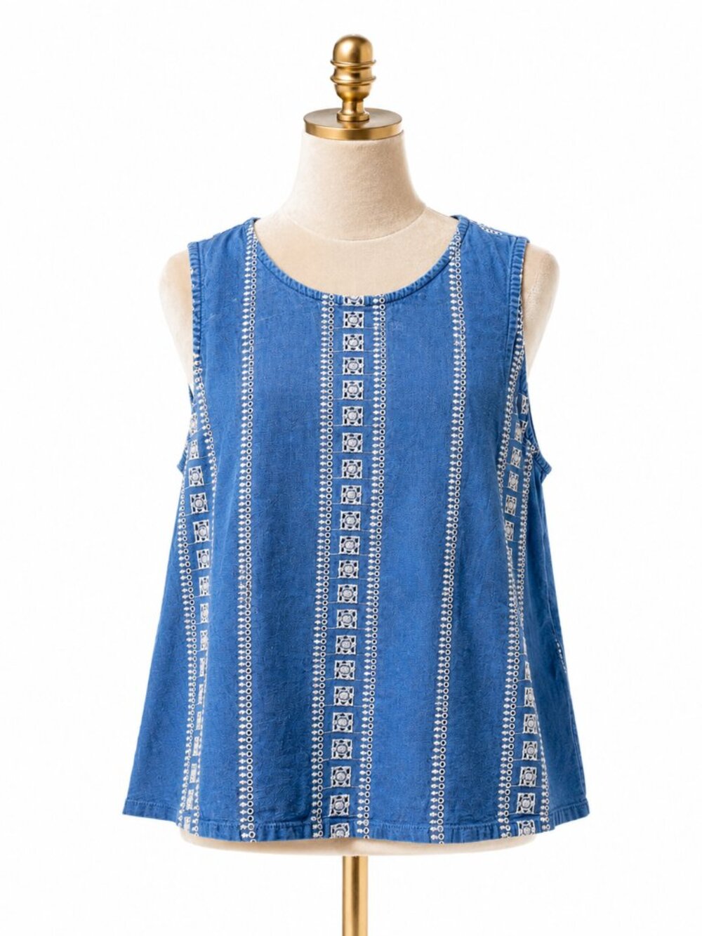 J. Jill Blue White Embroidered Eyelet Split Back Sleeveless Cotton Tank Top